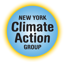 Blue sphere with an orange border with "New York Climate Action Group" in black